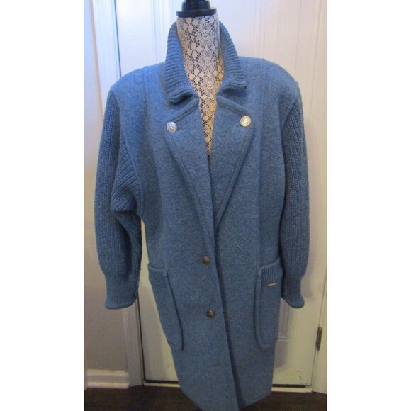Vintage Geiger Austria Wool Coat Blue Lined Knit Sleeves Womens Sz 38 US M/L - Picture 2 of 11